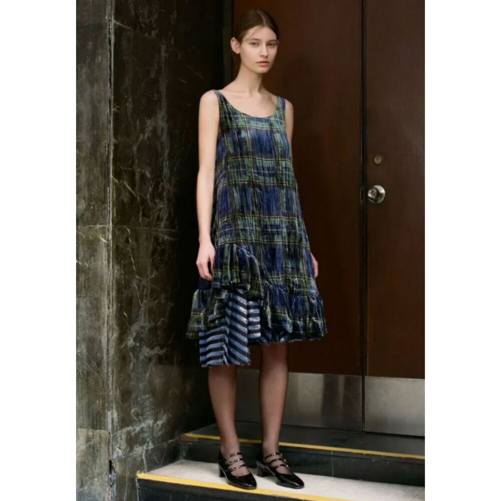 Anais Jourden Velvet Tent Midi Dress Navy Gold Tartan Plaid Ruffle Hem Sz 6 (38)